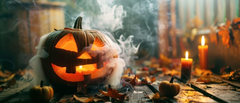 A carved jack-o'-lantern with a mischievous expression illuminates a wooden table surrounded by autumn leaves and lit candles, creating a festive Halloween atmosphere during twilight.