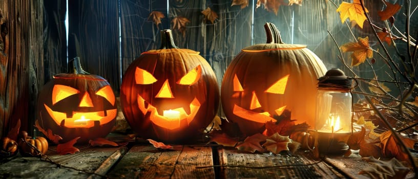 Three carved pumpkins glow brightly amid fallen leaves and a lantern, creating an inviting atmosphere in a rustic environment that celebrates the spirit of Halloween.