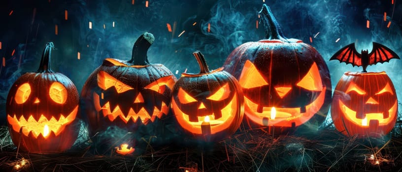 Five intricately carved pumpkins sit on hay, illuminated from within, showcasing various scary facial expressions. The ambiance is enhanced by smoke and a dark, mysterious setting.