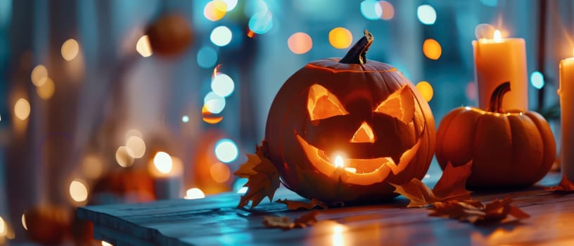 A carved jack-o'-lantern sits on a wooden table surrounded by soft candlelight, small pumpkins, and autumn leaves, creating a warm atmosphere perfect for Halloween.