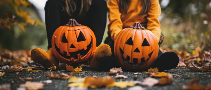 Two children in warm clothing sit on a leaf-covered path, showcasing their carved pumpkins. The vibrant orange of the pumpkins contrasts with the autumn foliage around them.