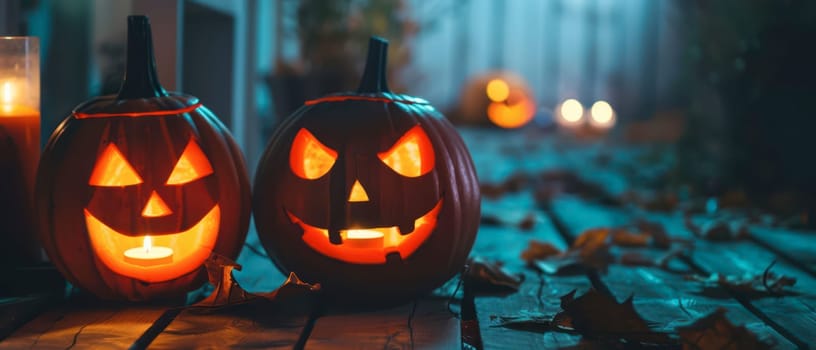Two carved pumpkins with eerie faces illuminate a wooden walkway, surrounded by fallen leaves and soft candlelight, creating a festive atmosphere for Halloween celebrations.