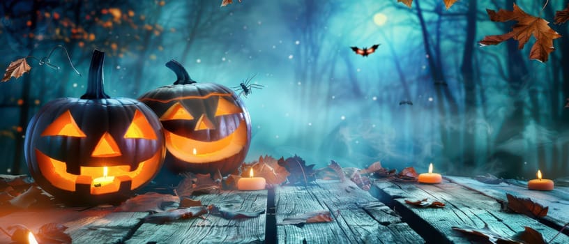 Two carved pumpkins illuminate a dark forest, surrounded by flickering candles and fallen autumn leaves. The atmosphere is eerie with bats flying in the misty background.