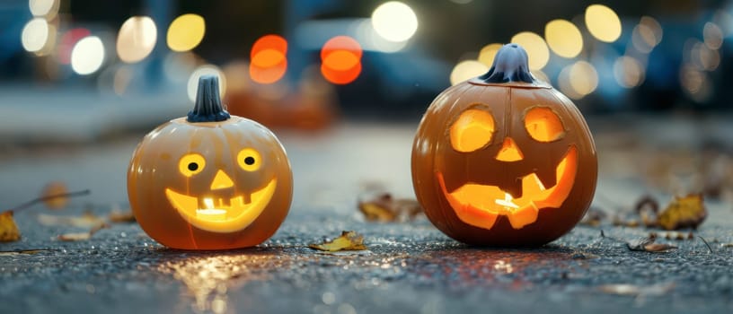 Two creatively carved pumpkins with illuminated faces sit on the road, surrounded by fallen leaves. The background shows blurred lights, creating a festive Halloween atmosphere.