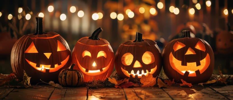 Four intricately carved pumpkins display cheerful faces, glowing warmly against a backdrop of autumn leaves and soft fairy lights, creating a festive atmosphere for the season.