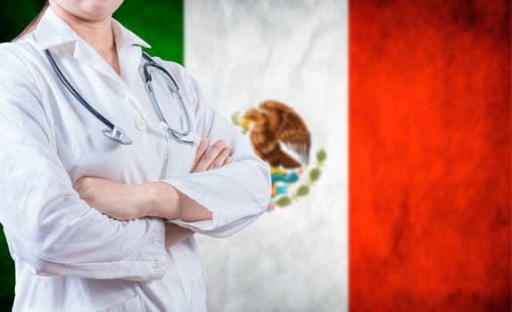 Doctor with arms crossed on Mexico flag background. Doctor with stethoscope on Mexican flag. Medical health and care on Mexican flag