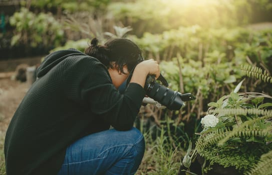 Person photographing flowers with a digital camera in a garden. Photographer photographing flowers in a garden