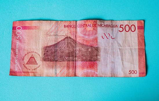 500 Nicaraguan cordobas bill on isolated background. Banknote of 500 Nicaraguan cordobas isolated