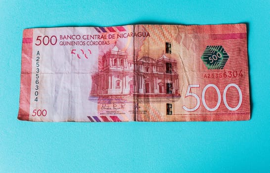 Banknote of 500 Nicaraguan cordobas isolated. 500 Nicaraguan cordobas bill on isolated background