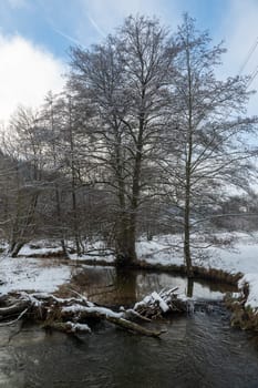Little Dam built by beavers, damming a small body of water with wood and  snow