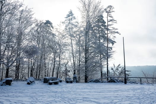 View of a landscape with snow , bench and trees