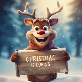 Rudolph the red nose reindeer cartoon character holding an old wooden board with Christmas is coming text written. Seasonal banner with funny winter deer playing excited in the snows of Lapland