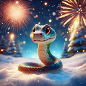 Chinese New Year 2025 with snake character symbol in the snow and fireworks in the night sky
