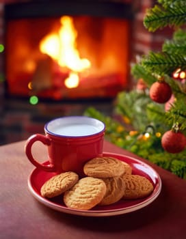 Cookies and milk cup on the table in front of fireplace and the Christmas tree. Beautiful winter holidays background. Cozy Christmas Eve Night at home