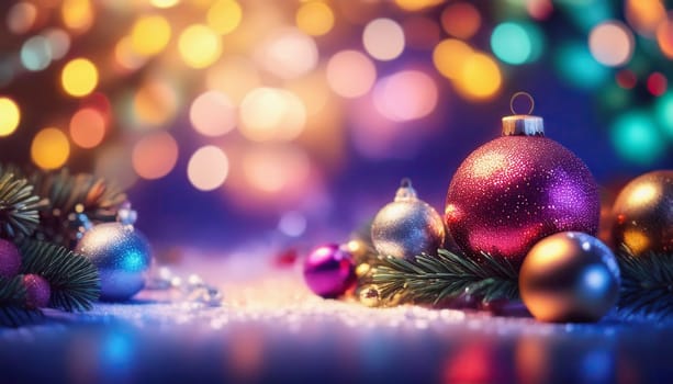 Magical Christmas background with fir twigs and globes and garland decorations with copy space