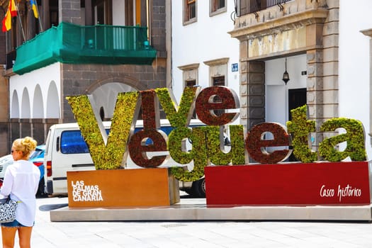 Gran Canaria, Spain, Canary Islands, Las Palmas - Jul 22, 2024. a sign with an inscription Life in Vegueta, as the historic old town of Las Palmas is called.