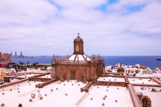 Gran Canaria, Spain, Canary Islands. View of the Santa Ana Cathedral, of the city of Las Palmas, to the harbor and the sea from the belltower of the Cathedral.