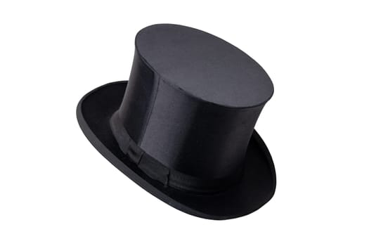 Chapeau claque. Antique black top hat. Old top hat. Folding cylinder. Cylinder hat isolated on a white background. Vintage men fashion. Clipping path.