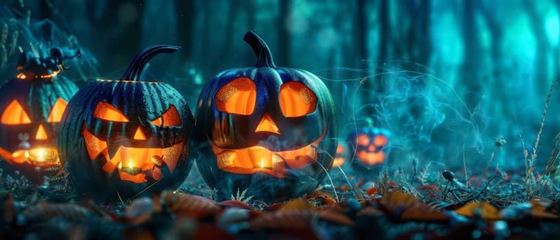 In a misty forest at Halloween, carved pumpkins with glowing faces cast an eerie light. Leaves cover the ground, enhancing the haunting atmosphere of the celebration.