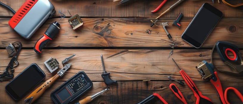 A table with tools and electronics on it. The table is wooden and has a red tool on it