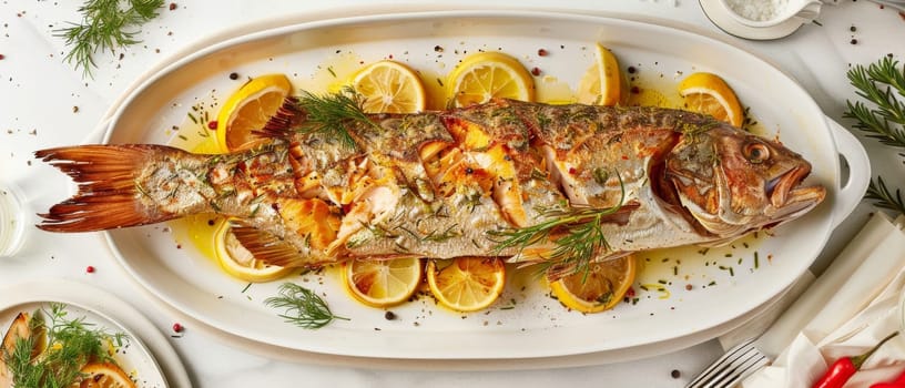 Roasted fish with a citrus garnish, beautifully presented on a white oval platter for an appealing stock image option