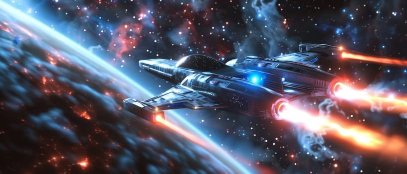 A spacecraft engages in a fierce galactic battle, maneuvering through a cosmic landscape dotted with star clusters, while unleashing powerful energy weapons