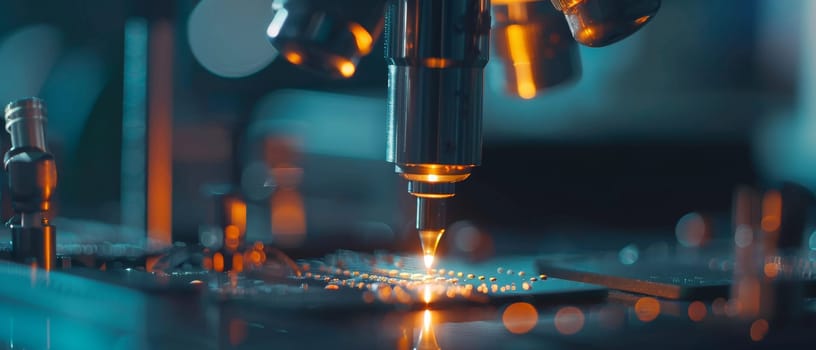 The art of precision soldering is showcased with a macro shot of a soldering iron tip on a microchip, illuminated by bokeh lights