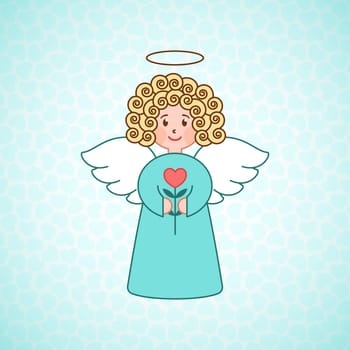 Doodle angel with a heart. Cute girl with wings. Romantic greeting card. Graphic design element for wedding and baby shower invitation, Valentines Day card. Cartoon angel with flower.