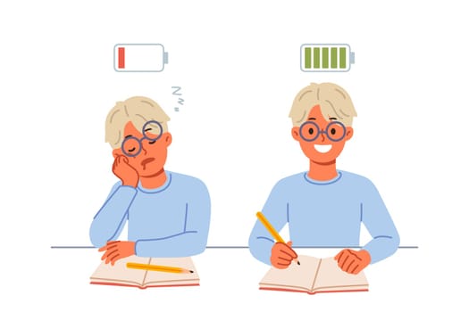 Exhausted schoolboy doing homework, showing comparison before and after healthy sleep or rest. Exhausted boy makes notes in notebook doing extracurricular work as assigned by teacher.