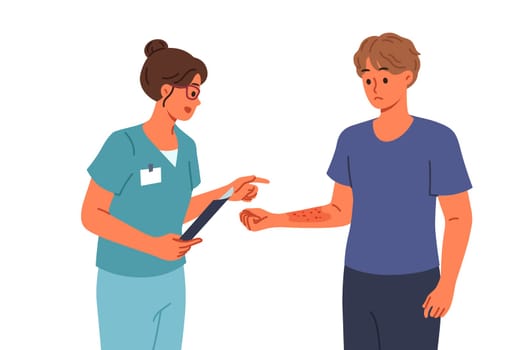 Man with allergy seen by doctor examining rash and redness of skin caused by influence of allergen. Guy with allergy to plant pollen or animal fur consults therapist talking about treatment methods