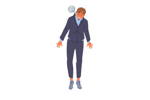 Business man loser hanging on nail, for concept of bankruptcy due to financial crisis. Business male became victim of difficult economic situation and wave of layoffs of corporate personnel