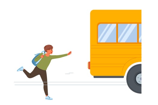 Boy who is late for school bus with backpack on back runs and screams loudly to make it to class. Child was late for school transport due to problems with self-discipline or parental oversight