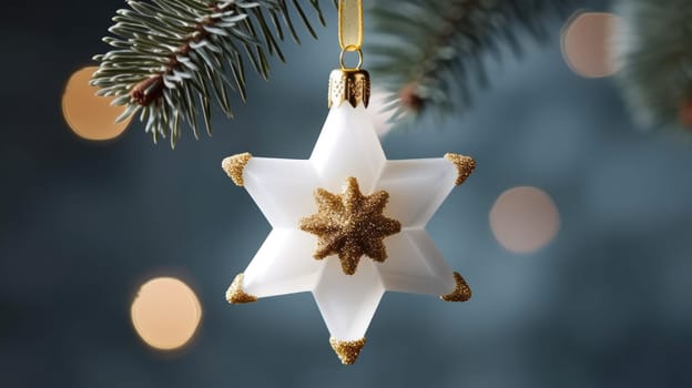 White star on the background of green pine branches, Christmas tree decoration. Copy Space