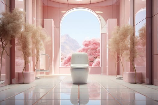Architectural pink space with a toilet in the middle of the room, white tile flooring, with trees in pots and pink clouds outside the window. Bright arches in the wall overlooking the pink mountains