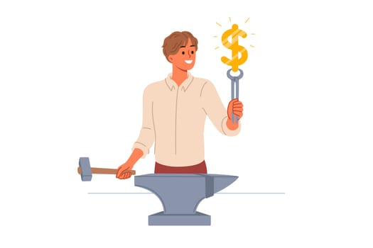 Business man doing money making, using anvil and hammer to produce dollar symbol. Guy demonstrates money making skills, thanks to professional analysis and cool ideas that bring profit