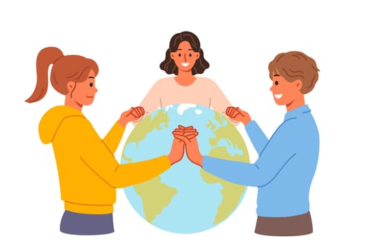 Planet earth day is celebrated by people holding hands, drawing attention of others to importance of caring for environment. Earth day celebrations for volunteers and activists from eco organizations