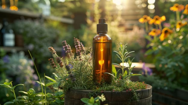 Bottle of essential oil and lavender flowers on a white wooden table in the field. Liquid in an elegant dark bottle, perfect for placing the inscription, surrounded by fresh herbs.
