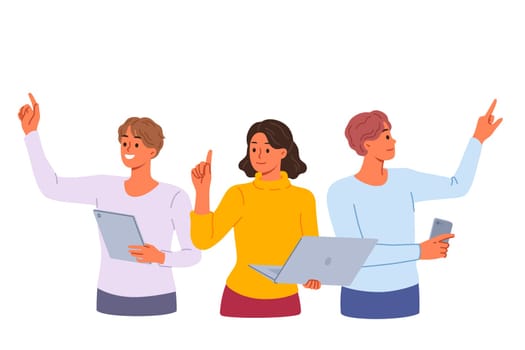 Team of freelancers with gadgets, working together on complex project, stretching out hands to virtual screens. Freelancers use modern technologies to fulfill orders from online clients