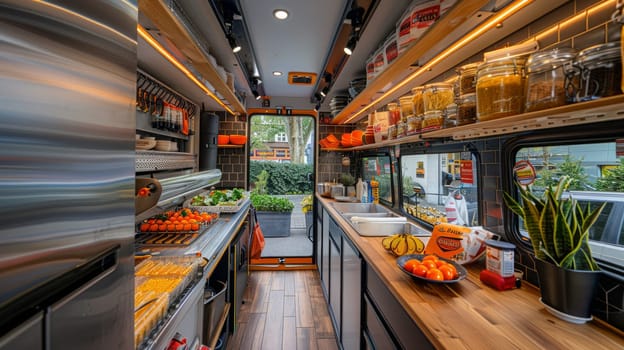 The interior of a modern food truck kitchen, fully equipped and neatly organized with ingredients and utensils