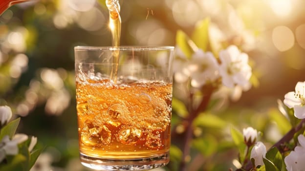 A refreshing drink infused with honey is poured into a glass, emphasizing its immune-strengthening properties. against the background of flowering trees