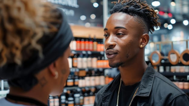 A young extravagant male cosmetics seller advises a customer in a beauty store surrounded by shelves with various goods. Retail concept.