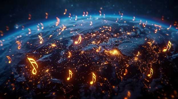 A globe of the Earth with glowing musical notes all around. Earth in space orbiting a glowing musical staff with sheet music, view from space