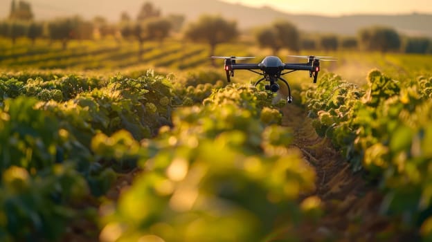 A drone flies over the field, collecting data, a concept of agriculture and advanced technology. Copy a space