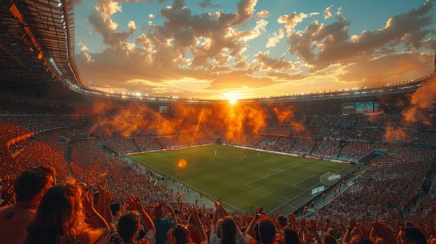 A wide-angle shot of a crowded stadium filled with excited fans clapping and shouting, creating a sea of color and energy during a thrilling match.