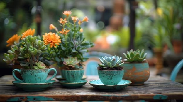 succulent plants in vintage tea cups. Copy space