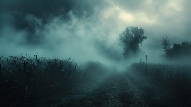 Dark, eerie field with white fog, mystical landscape on Halloween .
