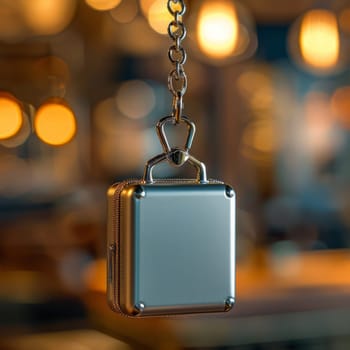 Smooth metal keychain suitcase on blurred illumination background, travel concept