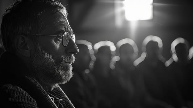 Black and white image of a serious and focused elderly man wearing glasses with a group of people in the background.men in psychological support group