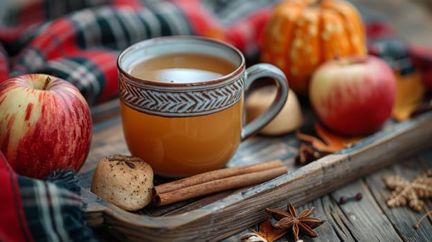 apple cider mugs with spices and a cinnamon stick on a wooden tray on a plaid blanket.