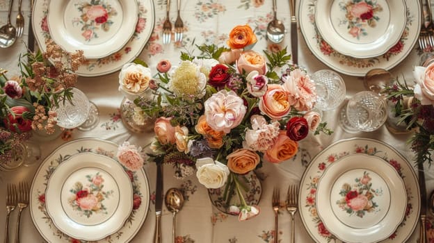 Elegant floral table setting with exquisite tableware. Copy space